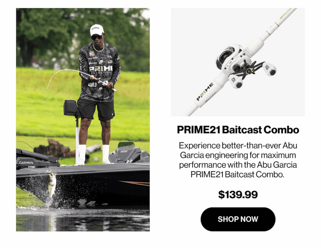 Coach Prime using the Abu Garcia PRIME21 Baitcast Combo while landing a bass during the PRIME21 launch