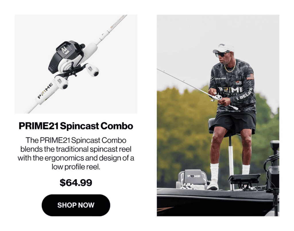 Coach Prime using the Abu Garcia PRIME21 Spincast Combo on the water with white and gold low-profile spincast reel